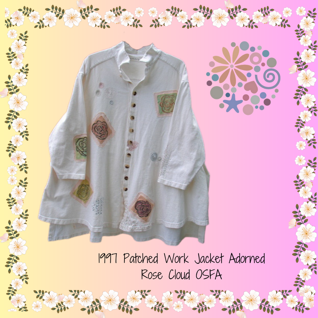 A Square image with pink and yellow Background and floating Jacket in white with rose patches, Circular Logo in the upper right corner done in pastels with hearts dots and stars  words on the bottom under the featured garment Roses done in pastels in an expressionistic whimsical manner.