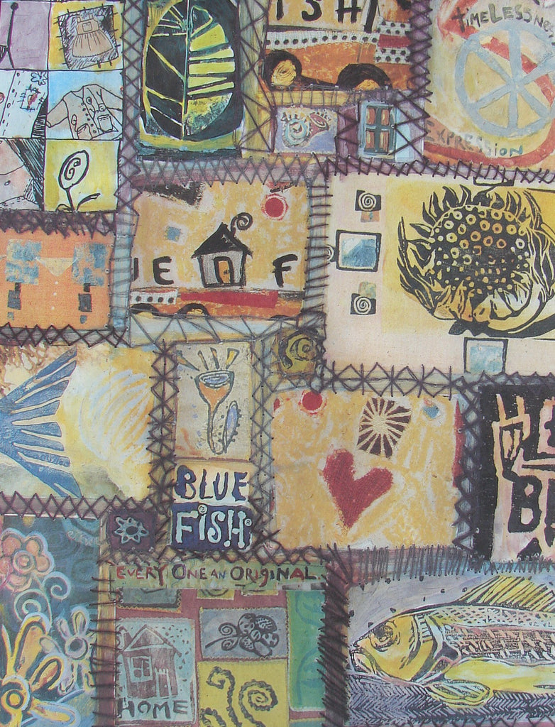 Rectangular Colorful image of collaged heart home, fish, wind, leaf, florals and sunflowers. Continuous in nature in bright and dark blacks yellows, blues, reds and orange..