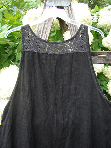 Bluefishfinder.com Barclay Summercloth Lace Two Pocket Pinafore Moody Night Bloom Black Size 0, a black sleeveless pinafore with a sheer floral lace yoke and two front pockets. The soft, matte fabric hangs in a relaxed A-line shape on a clear hanger against leafy greenery and pale blooms.