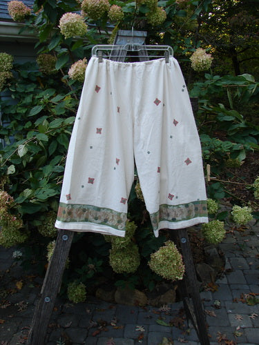 1993 Garden Pant Wind Flower Tea Dye Size 1 displayed on a rack, showcasing side ties with metal grommets, deep front pockets, and a vintage wind flower pattern, embodying the unique Blue Fish Clothing style.