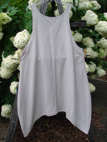 Barclay Hemp Silk Everyway Pinafore in unpainted palest peach, size 1, hangs from a clear hanger with a softly draped, sleeveless A-line shape and raw, textured fabric. The pale garment stands against dense green foliage and white hydrangea blooms, creating a natural, muted backdrop.