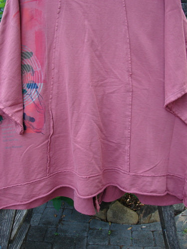 Barclay NWT Photogram Open Front Jacket in Walt Whitman Script Desert Rose OSFA, featuring a raw-edged, angular hem with three-quarter sleeves, dolman shoulders, and sectional panels, embodying Bluefishfinder's vintage creative expression.