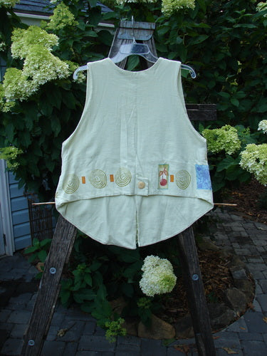 1999 Fork and Spoon Vest Cherry Celery Altered Size 1 displayed on a hanger, featuring a dramatic V neckline, three front pencil pockets, and a distinctive cherry theme design.