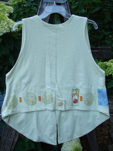 1999 Fork and Spoon Vest Cherry Celery Altered Size 1 features a unique design with three front pencil pockets, deep arm openings, dramatic V neckline, and cherry-themed paint on mid-weight organic cotton.