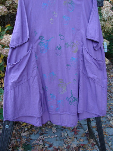 Barclay NWT Batiste Bliss Dress with strawberry theme artwork. Short sleeves, rounded neckline, drawcord back, and two exterior flop pockets. Size 2, violet color.