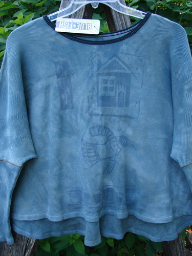 Barclay NWT Thermal Crop Top Love Dove Mottled Top Lake OSFA featuring a scooped neckline, A-line flair, crop length, drop shoulders, narrowing fitted sleeves, and dove-themed print in thermal texture.