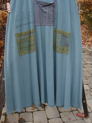 2000 PMU City Side Dress with patches, V-neckline, and painted pockets. Organic cotton. Size 1. 56" length. Blue Fish signature patch.
