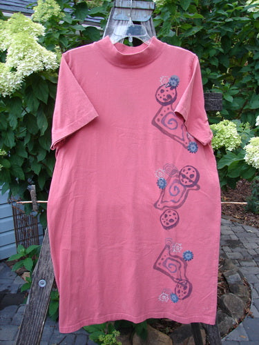 1996 Midway Dress Abstract Oriole Size 1 - Features a mock stand-up T-neck, drop shoulders, straight shape, and abstract floral design. Made from mid-weight organic cotton, perfect condition.