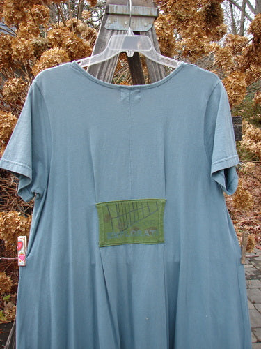 2000 PMU City Side Dress with patch, organic cotton, V neckline, A-line shape, painted pockets, Blue Fish patch. Size 1.