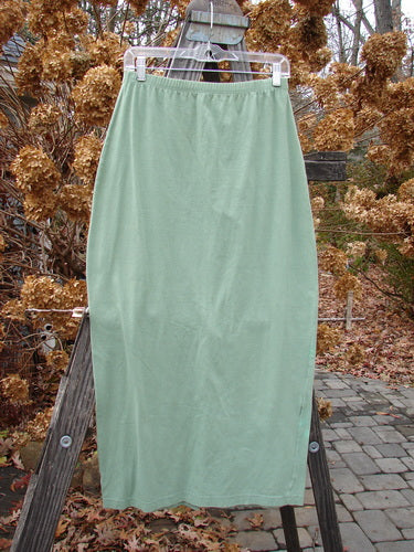 1995 Column Skirt on clothesline, Spanish Moss, Tiny Size 2, from BlueFishFinder. Full elastic waistline, tapering shape, pegged hemline, back kick vent. Unpainted.