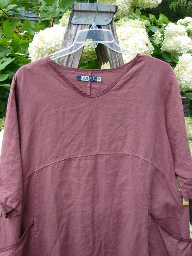 Barclay Summercloth Ditsy Trim Urchin Dress in unpainted loam, large size 0, shown in a dusty mauve tone with a soft, washed fabric, V-neck trim, and relaxed long sleeves. It hangs on a clear hanger against weathered wood and leafy greenery, with pale blossoms behind it.