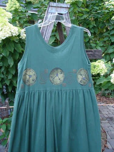 1997 Alcove Jumper Time Verdigris Altered Size 1 featuring clocks, empire waist, wide hemline, drawcord back, and ribbed accents. Mid-weight organic cotton with primitive theme paint.