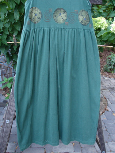 1997 Alcove Jumper Time Verdigris Altered Size 1, displayed on a mannequin, featuring a sweeping hemline, primitive theme paint, empire waist, drawcord back, and ribbed accents.