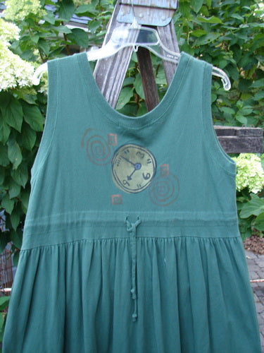 1997 Alcove Jumper Time Verdigris Altered Size 1 featuring a large clock motif on the front, empire waist seam, and sweeping hemline, made from mid-weight organic cotton with ribbed accents.