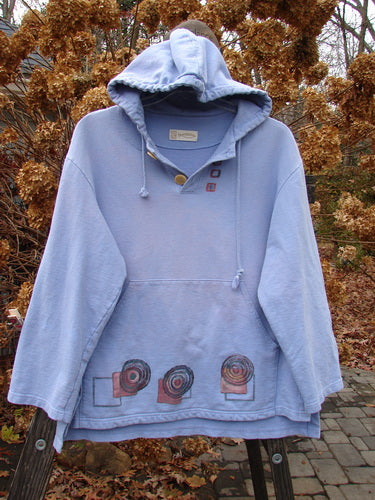 1999 Two Button Pullover Hooded Festive Moon Skylark Size L: A blue hoodie with a hood, two front drop pockets, and a cozy drawstring hood.