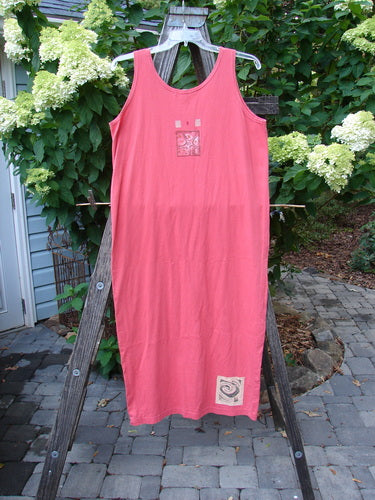 1997 River Journey Dress Sea Life Fire Altered Size 1 displayed hanging on a wooden ladder, showcasing its scoop neckline and slimmer fit with sea life theme paint.