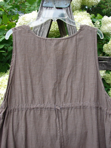Barclay Hemp Cotton Silk Voile Venetian Pinafore Dragonfly in mocha, size 0, with a sleeveless A-line silhouette, softly gathered waist seam, and fine crinkled voile texture. It hangs on a clear plastic hanger against weathered wood and leafy white flowers.