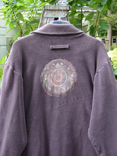 2000 PMU Celtic Moss Highlander Coat Aubergine Size 1, featuring a plush, dense winter-weight material with flower patches, oversized buttons, and a unique empire waistline design.