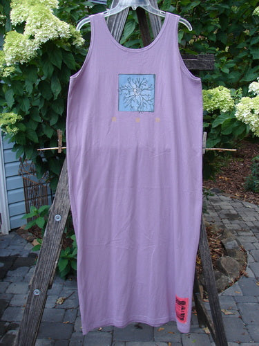 1997 River Journey Dress Sea Coral Jasmine Altered Size 1 displayed on a wooden ladder, featuring a scoop neckline and signature Blue Fish patch. Perfect condition, mid-weight organic cotton with side and shoulder alterations.