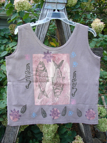 1992 Oversized Tank Double Fish Cloud Altered OSFA, featuring a unique double fish pattern and boxy shape, with altered shoulder for smaller arm openings; mid-weight cotton from Bluefishfinder's vintage collection.