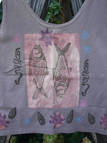 1992 Oversized Tank Double Fish Cloud Altered OSFA featuring a distinctive fish-themed pattern, wide boxy shape, and slight crop length, highlighting a signature Blue Fish patch at the lower back.