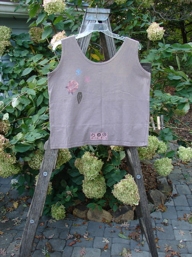 1992 Oversized Tank Double Fish Cloud Altered OSFA displayed on a wooden ladder with floral details, featuring a wide boxy shape and distinctive double fish design.