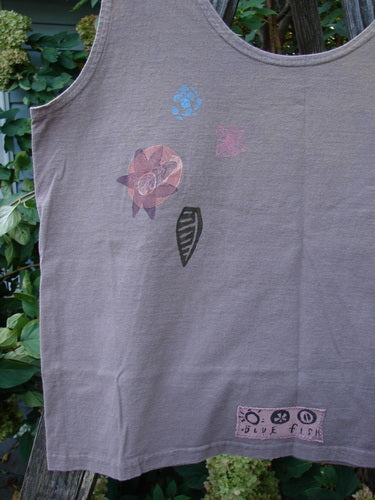 1992 Oversized Tank Double Fish Cloud Altered OSFA features a grey shirt with purple flower and tree trunk designs, showcasing a boxy shape and unique vintage fish-themed paint.