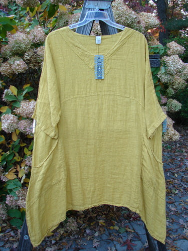 Barclay NWT Gauze Cross Over Urchin Dress: Yellow swing dress with three-quarter sleeves, flop pockets, and unique sectional panels.