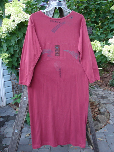 1995 Empire Dress Abstract Continuum Hollyberry Altered Size 1 displayed on a wooden rack, featuring a downward curved upper waist panel and a rounded, painted neckline.