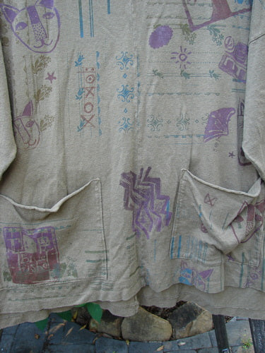 Barclay Cotton Hemp Rolled Writer's Pullover BF Kitty XOXO Mandorla OSFA, featuring a rounded raw flutter neckline, wide square flair, dual drop flop pockets, and continuous Kitty Kitty XOXO theme art.