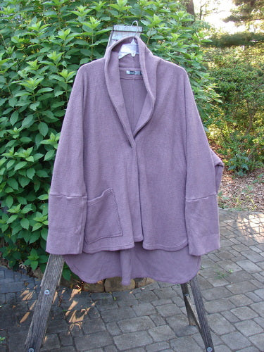 Barclay Patched Celtic Moss Deco Coat Unpainted Aubergine Dust OSFA features a dense cotton fleece texture, oversized vintage button, drop dolman shoulders, deep V neckline, and a unique flowing silhouette.