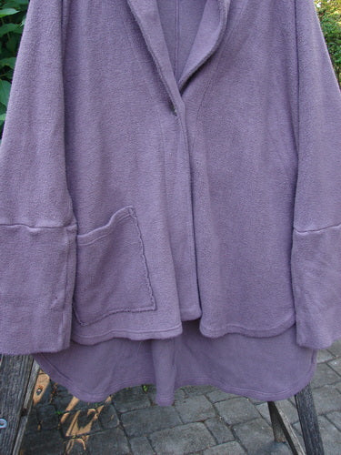 Barclay Patched Celtic Moss Deco Coat Unpainted Aubergine Dust OSFA features dense cotton fleece, double-button hold, oversized button, Dolman shoulders, and oversized pocket, embodying Bluefishfinder.com's vintage, expressive style.