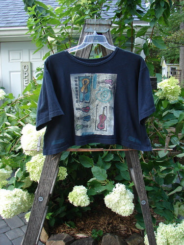 1991 Crop T Top Music Days Black OSFA displayed on a hanger, featuring short sleeves, a thicker rolled neckline, and a vintage music-themed design.