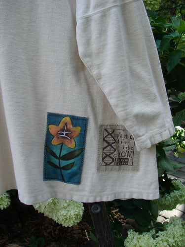 2000 Patched Resort Sweatshirt Nature Dove Size 2 with nature-themed painted patches, vented sides, drop shoulders, double-paneled V neckline, and Blue Fish signature patches.