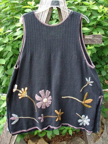 1998 Limited Edition Peruvian Embroidered Sweater Vent Tunic Floral Vine Black OSFA, featuring detailed embroidered leaves and floral vines, wide shape, whip stitching, varying hemline, and yarn-covered buttons.