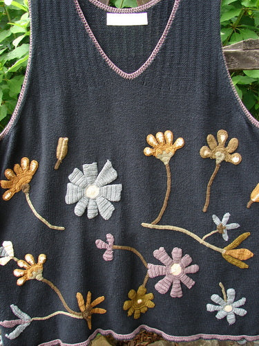 1998 Limited Edition Peruvian Embroidered Sweater Vent Tunic Floral Vine Black OSFA showcases intricate embroidered floral and leaf patterns with whip stitching and yarn-covered buttons, highlighting its unique design and heritage.