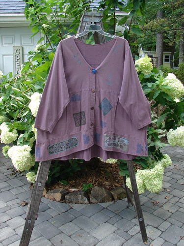 1993 Modernismo Cardigan Nature Plum Wine Size 2 displayed on a rack, showcasing its generous nature-themed paint, vintage buttons, kangaroo pockets, A-line swing, drawcord back, and oversized patch.