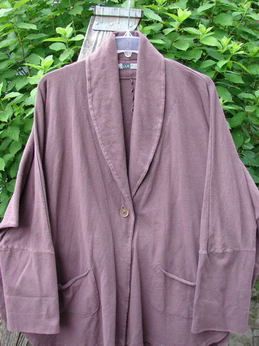 Barclay Reprocessed Golden Hour Deco Jacket Rear Parrot Plum Wine OSFA displayed on a hanger, showcasing its thick organic cotton fabric, dolman shoulders, and unique rear parrot design, emphasizing vintage charm and individuality.