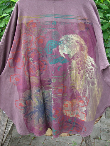 Barclay Reprocessed Golden Hour Deco Jacket in Plum Wine, featuring a bird motif on the back, dense organic cotton fabric, single button closure, dolman shoulders, and oversized diagonal pockets.