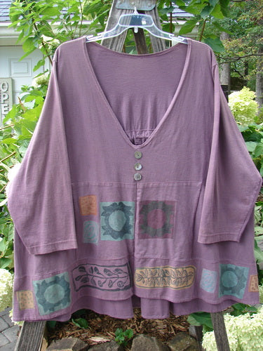 1993 Modernismo Pullover Cardigan Nature Plum Wine Altered Size 2, featuring a nature-themed design, old-time buttons, kangaroo pockets, drawcord back, oversized patch, and wide rounded swing hemline.