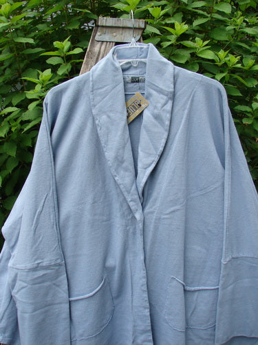 Barclay NWT Reprocessed One Button Golden Hour Jacket displayed on a swing, showcasing its long dolman sleeves, deep V-neckline, and oversized pockets, highlighting the unique rear floral paint design.