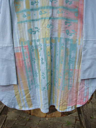 Barclay NWT Reprocessed One Button Golden Hour Jacket features a deep V-shaped neckline, single button closure, drop dolman shoulders, and distinctive rear vertical paint design, showcasing BlueFishFinder's creative vintage style.