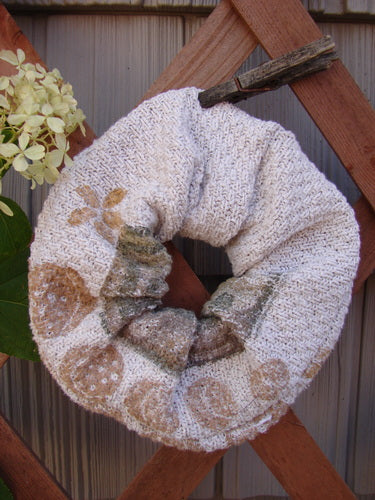 1994 PMU Cotton Knit Hair Scrunchie Garden Path Natural One Size, showcasing a white fabric with brown patterns, ruffled texture, and a thin elastic band, celebrating sustainable vintage design.