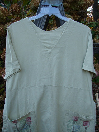 A white short-sleeved tunic top with tall side vents, drop exterior pockets, and a unique reverse triangular neckline insert. Made from organic cotton, this Barclay Short Sleeved Pocket Vent Tunic is from the Summer Collection in Plantain. Size 0.