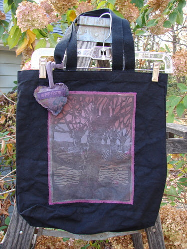 1994 PMU Patched Tote Bag Forest Walk Black One Size, featuring a pink and purple design with long shoulder straps, puffy heart accent, and artwork inspired by Jennifer Barclay's sustainable vintage style.