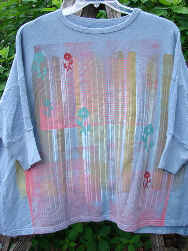 Barclay Hemp Cotton Banded Sleeve Colors Sweatshirt Grid Flower Peacock OSFA showcases a wide, boxy shape with dolman banded sleeves and floral grid pattern, perfect for cozy fall wear.