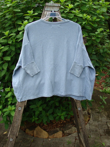 Barclay Hemp Cotton Banded Sleeve Colors Sweatshirt Grid Flower Peacock OSFA displayed on a wooden ladder, showcasing its generous, boxy shape, banded sleeves, and contrasting textured hemp side panels.