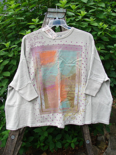 Barclay NWT Hemp Cotton Banded Sleeve Colors Sweatshirt Birdie Note Cloud OSFA displayed on a hanger. Features wide boxy shape, dolman banded sleeves, contrasting side panels, and textured design.