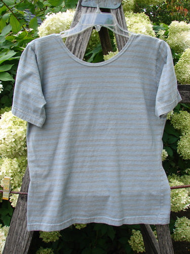 1997 Little Voyage Top Gray Blue Stripe Tiny Size 2, a light gray-blue striped short-sleeve top with a soft heathered texture, simple round neckline, and gently curved hem, hanging centered against leafy greenery and pale blossoms.