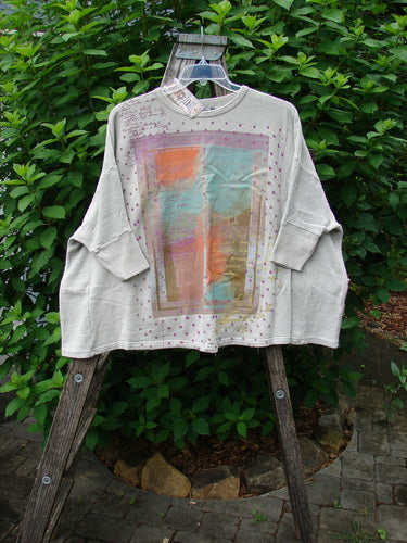 Barclay NWT Hemp Cotton Banded Sleeve Colors Sweatshirt Birdie Note Cloud OSFA, showcasing a wide boxy shape with dolman banded sleeves and contrasting textured side panels, perfect for cozy fall wear.